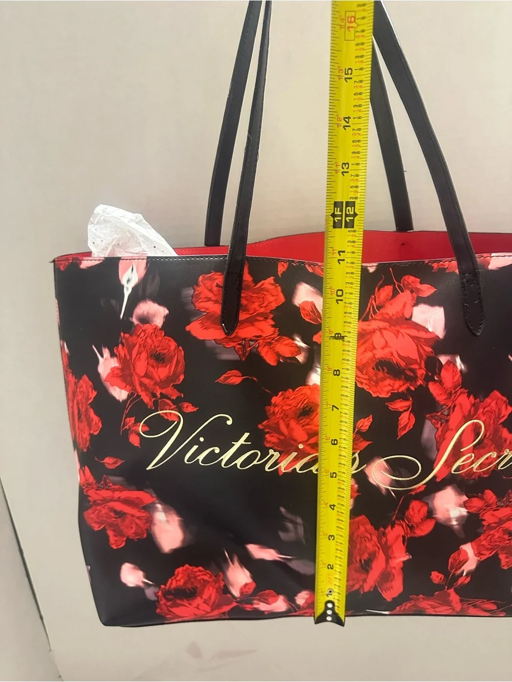 Women's Black Tote Bag with Red Floral Print